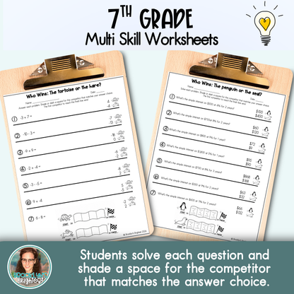 7th Grade Multi Skill Worksheets | No prep printables | Who Wins