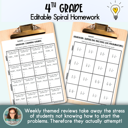 4th Grade Math Spiral Review Homework Editable Entire Year