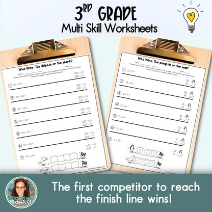 3rd Grade Multi Skill Worksheets | No prep printables | Who Wins