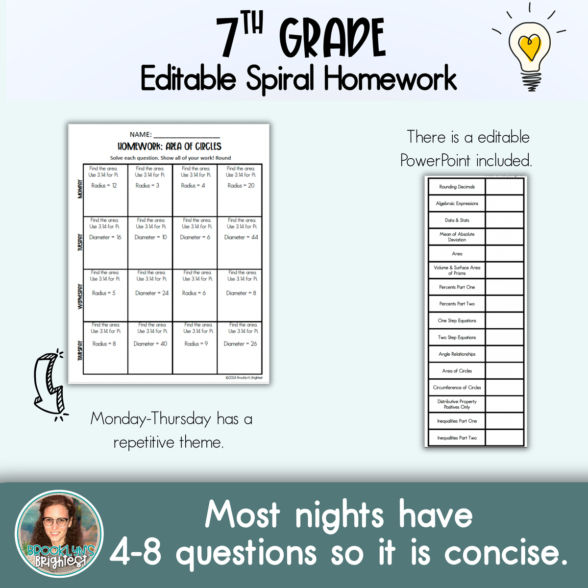 7th Grade Math Spiral Review Homework Editable Entire Year