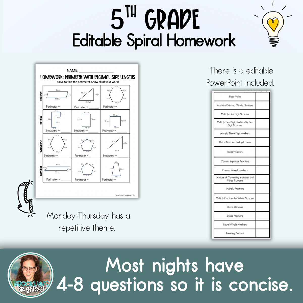 5th Grade Math Spiral Review Homework Editable Entire Year