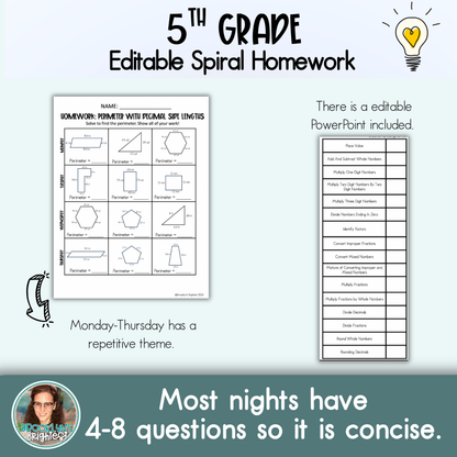 5th Grade Math Spiral Review Homework Editable Entire Year