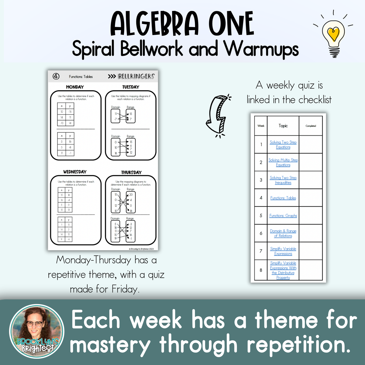 Algebra One Spiral Bellringers, Warmups, and Bellwork