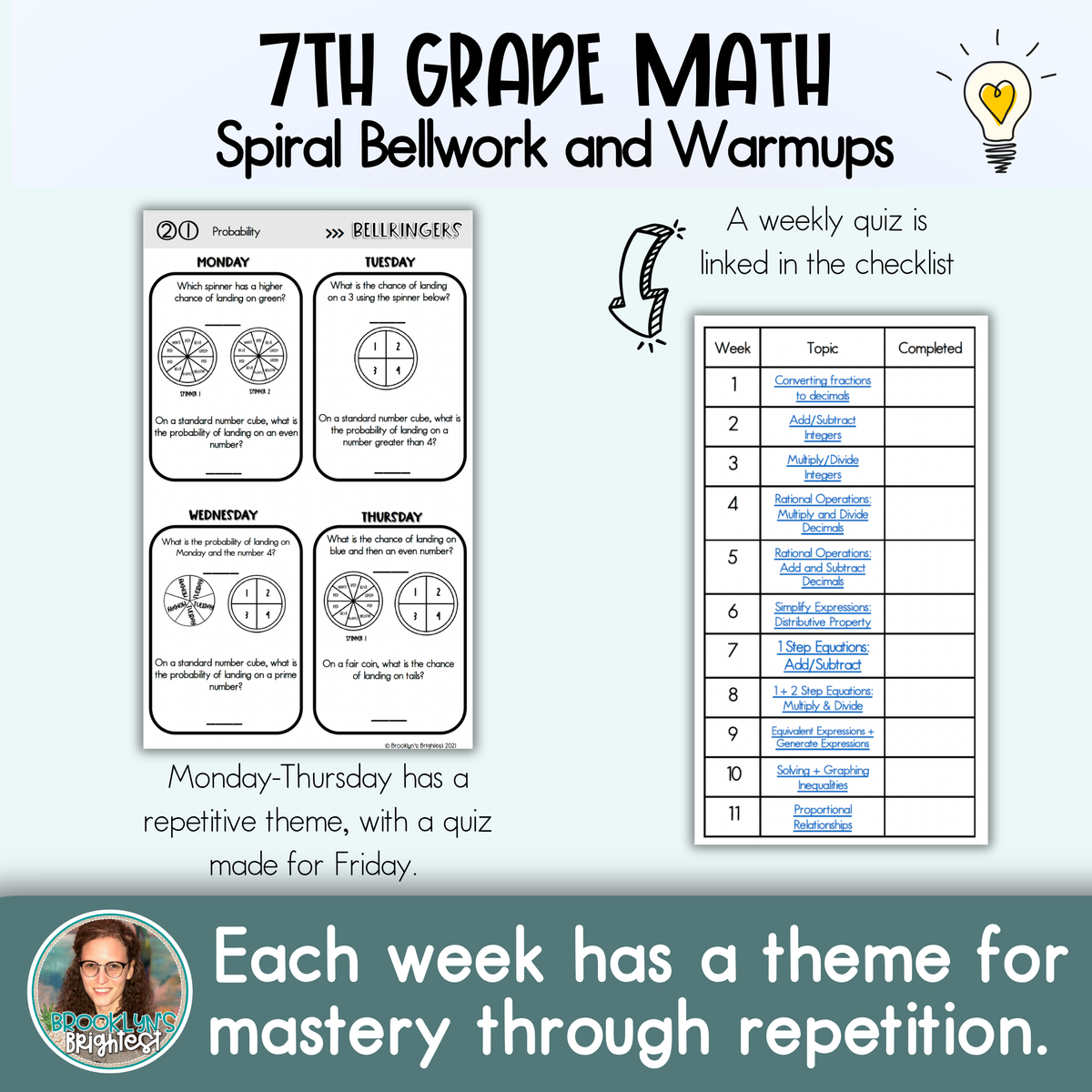7th Grade Math Spiral Bellringers, Warmups, Bellwork Middle School Math