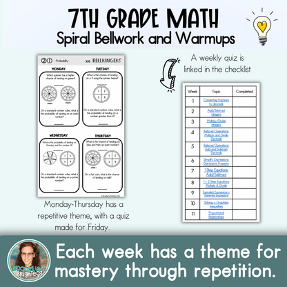 7th Grade Math Spiral Bellringers, Warmups, Bellwork Middle School Math