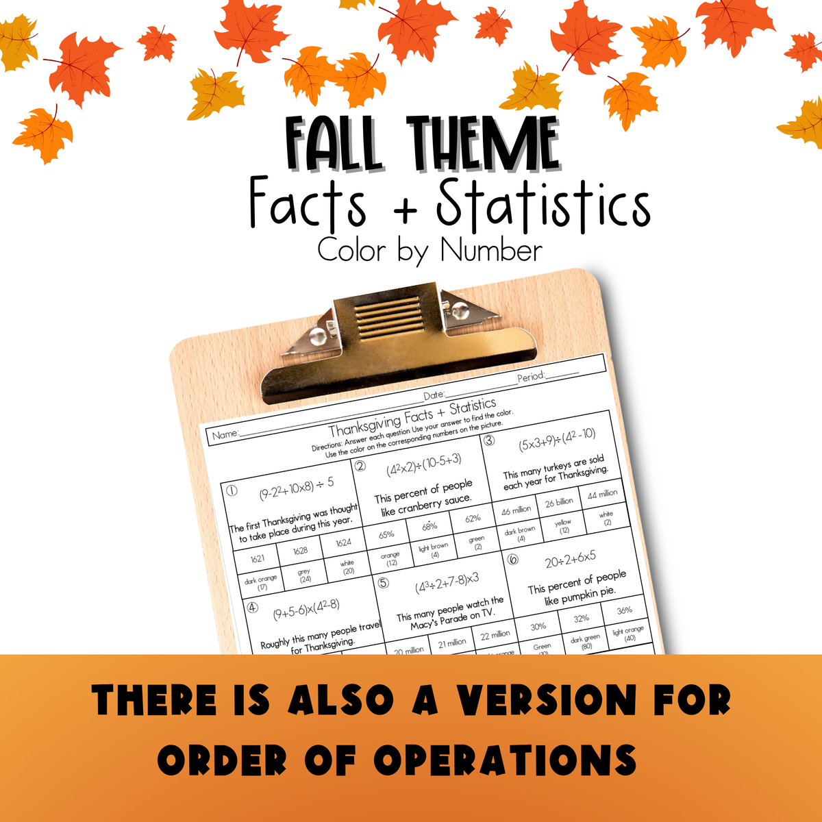 Thanksgiving Middle School Math Facts and Statistics Color by Number Worksheet