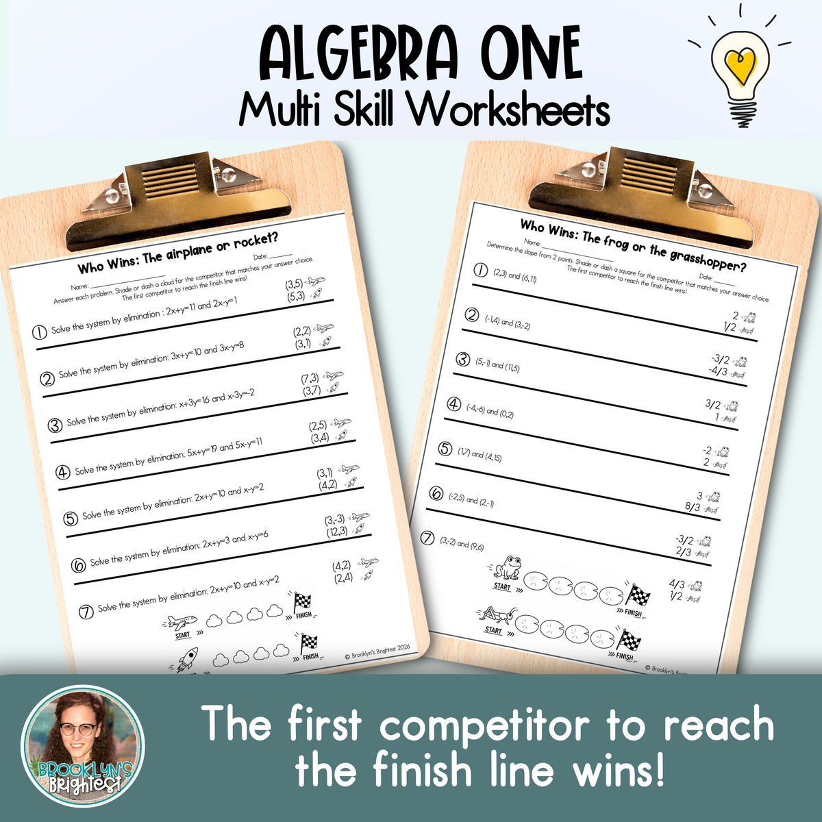 Algebra One Multi Skill Worksheets | No prep printables | Who Wins