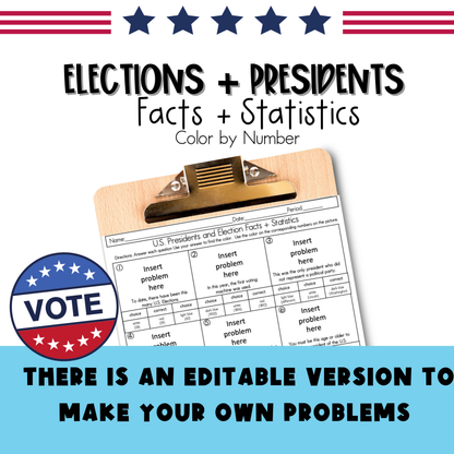 Elections + Presidents Facts and Statistics Color by Number Worksheet