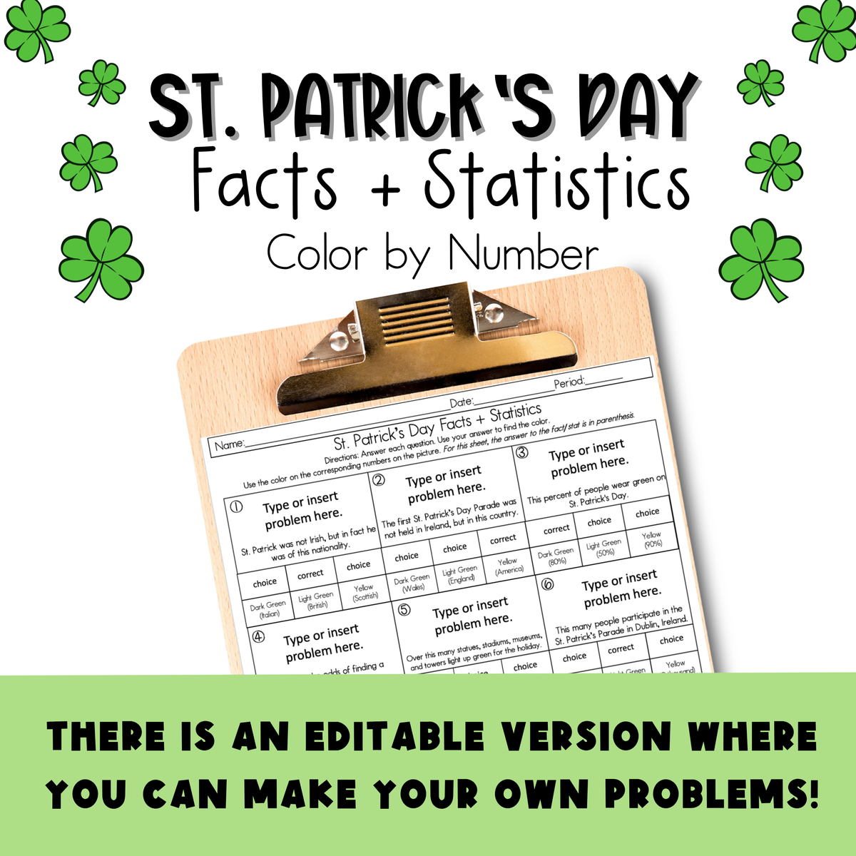St. Patrick's Day Facts and Statistics Color by Number Worksheet
