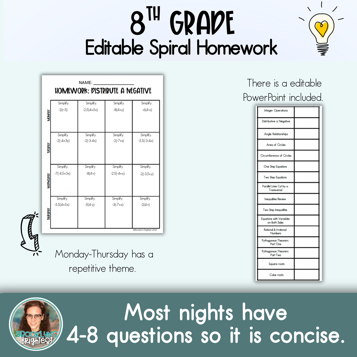 8th Grade Math Spiral Review Homework Editable Entire Year