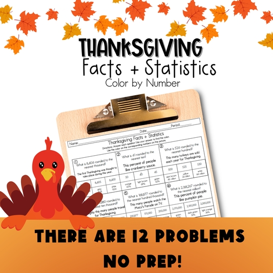 Thanksgiving 4th Grade Facts and Statistics Color by Number Worksheet