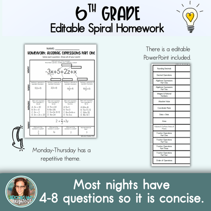 6th Grade Math Spiral Review Homework Editable Entire Year