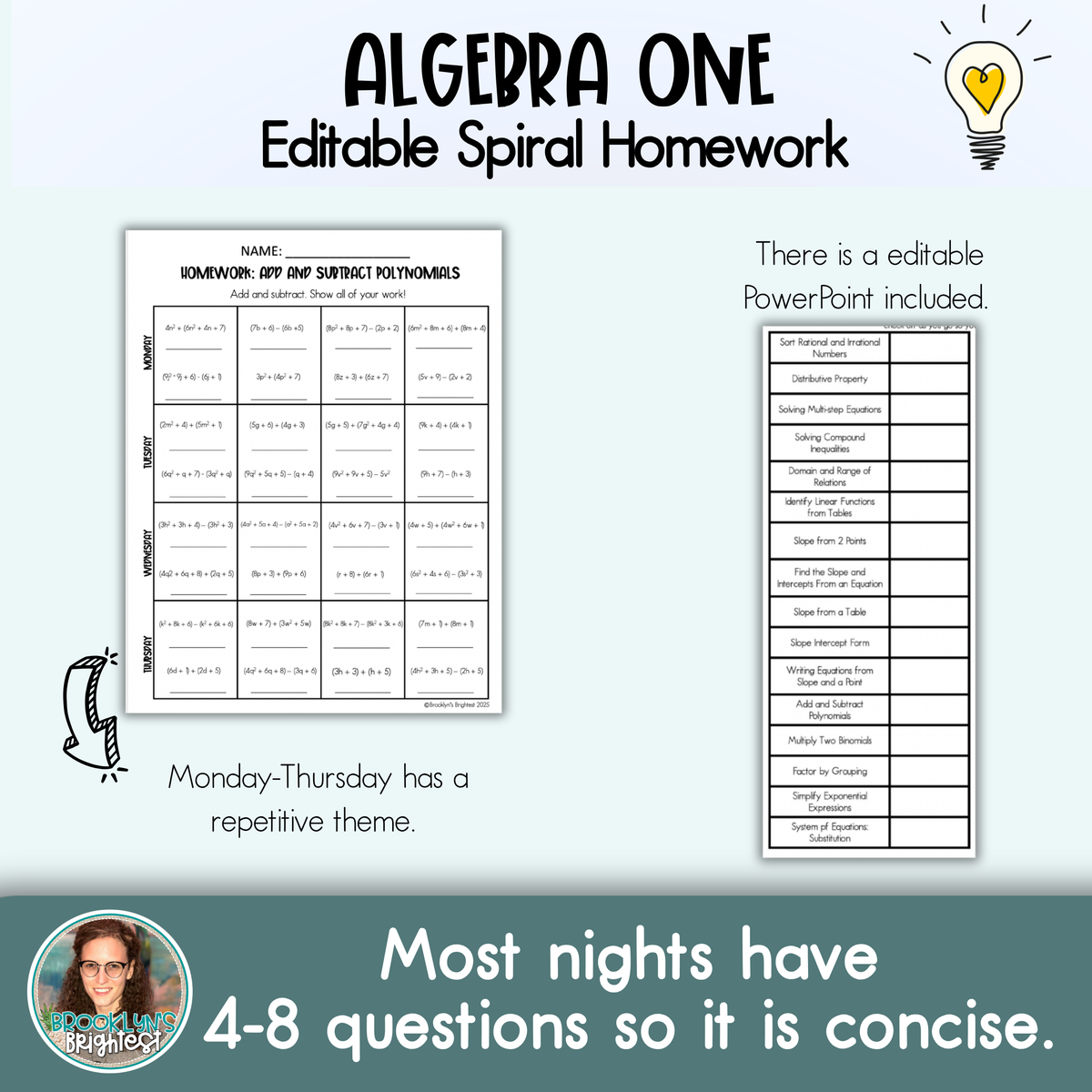 Algebra One Math Spiral Review Homework Editable Entire Year