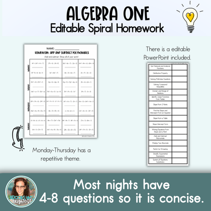 Algebra One Math Spiral Review Homework Editable Entire Year