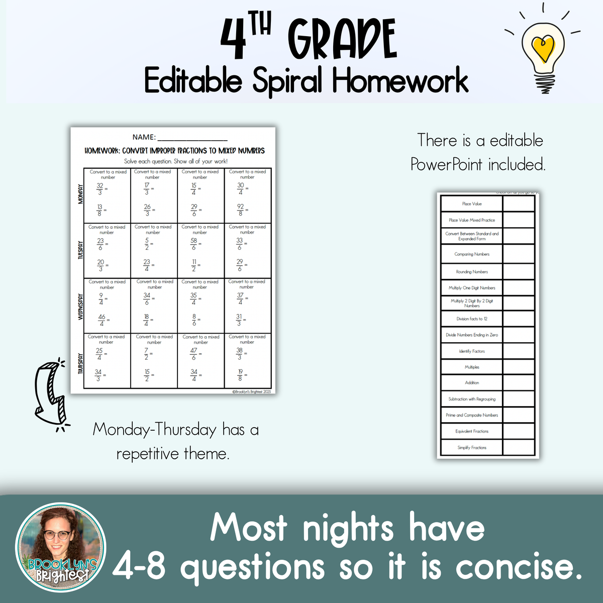 4th Grade Math Spiral Review Homework Editable Entire Year