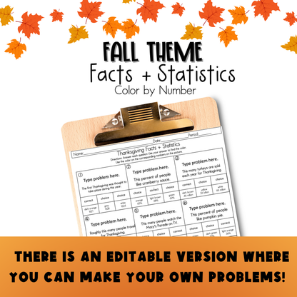 Thanksgiving Middle School Math Facts and Statistics Color by Number Worksheet