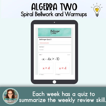 Algebra Two Spiral Bellringers, Warmups, and Bellwork
