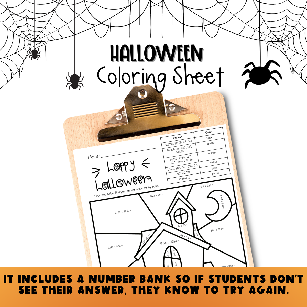 Adding Decimlas Halloween Coloring Sheet