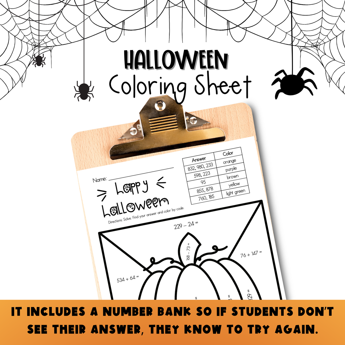 Add and Subtract Within 1,000 Halloween Coloring Sheet